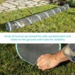 Kitty City 10-foot teal play tunnel, ground stake and zipper detail