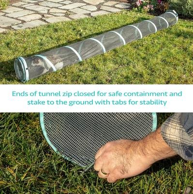 Kitty City 10-foot teal play tunnel, ground stake and zipper detail