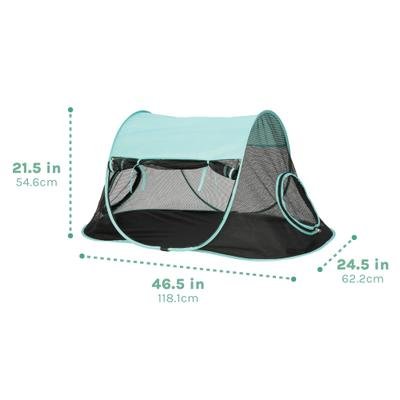 Kitty City Cat Play Tent size diagram: 46.5 inches wide, 24.5 deep and 21.5 high